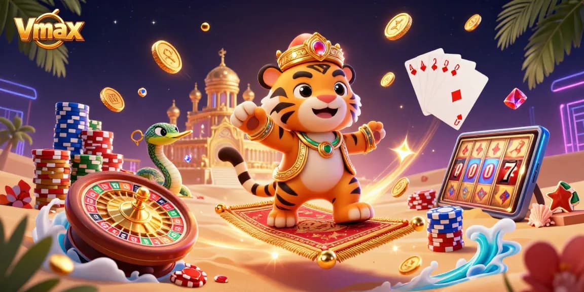 Experience the excitement of Vmax with a vibrant, cartoon-themed casino scene, filled with characters and rich gaming elements.