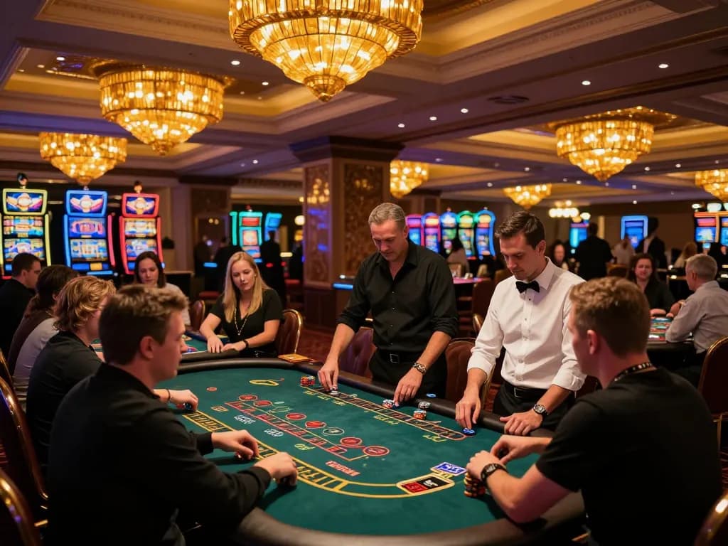 Players enjoying strategic blackjack games at V9BET casino under luxurious lighting