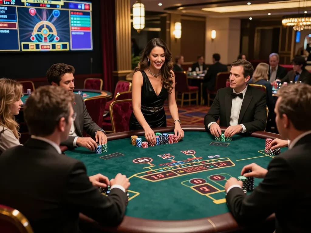 Players at OKFUN's live dealer baccarat table engaging with the dealer, showcasing an exciting casino atmosphere.