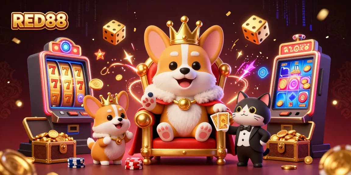 Experience the thrill of winning with the RED88 royal corgi enjoying a lavish casino scene.