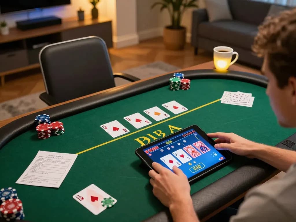 Player enjoying online poker at SV66 with betting strategy notes and tablet interface