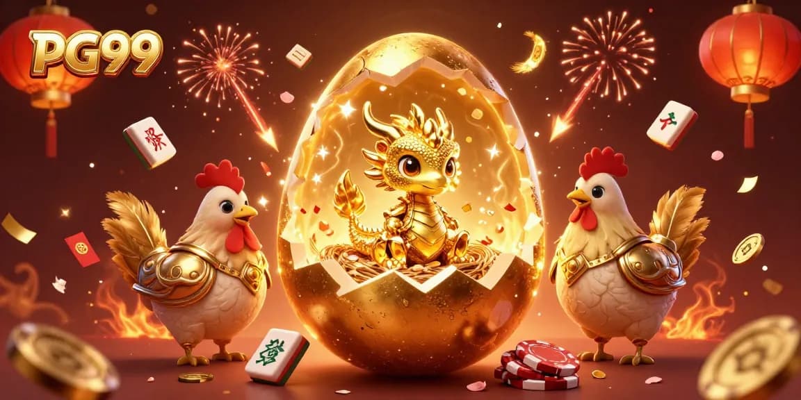 Engage in gaming excitement with PG99's golden dragon guarding poker chips and festive elements.