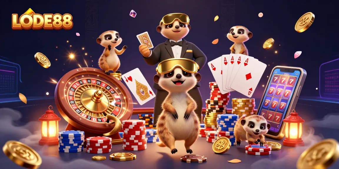Experience the excitement of LODE88's casino with playful meerkats amidst dazzling casino elements.