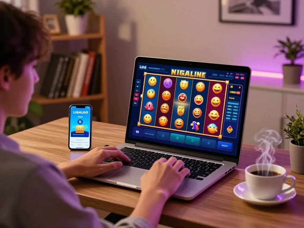 LIGALGO online slots gameplay displayed on a laptop, showcasing colorful reels and immersive gaming experience.
