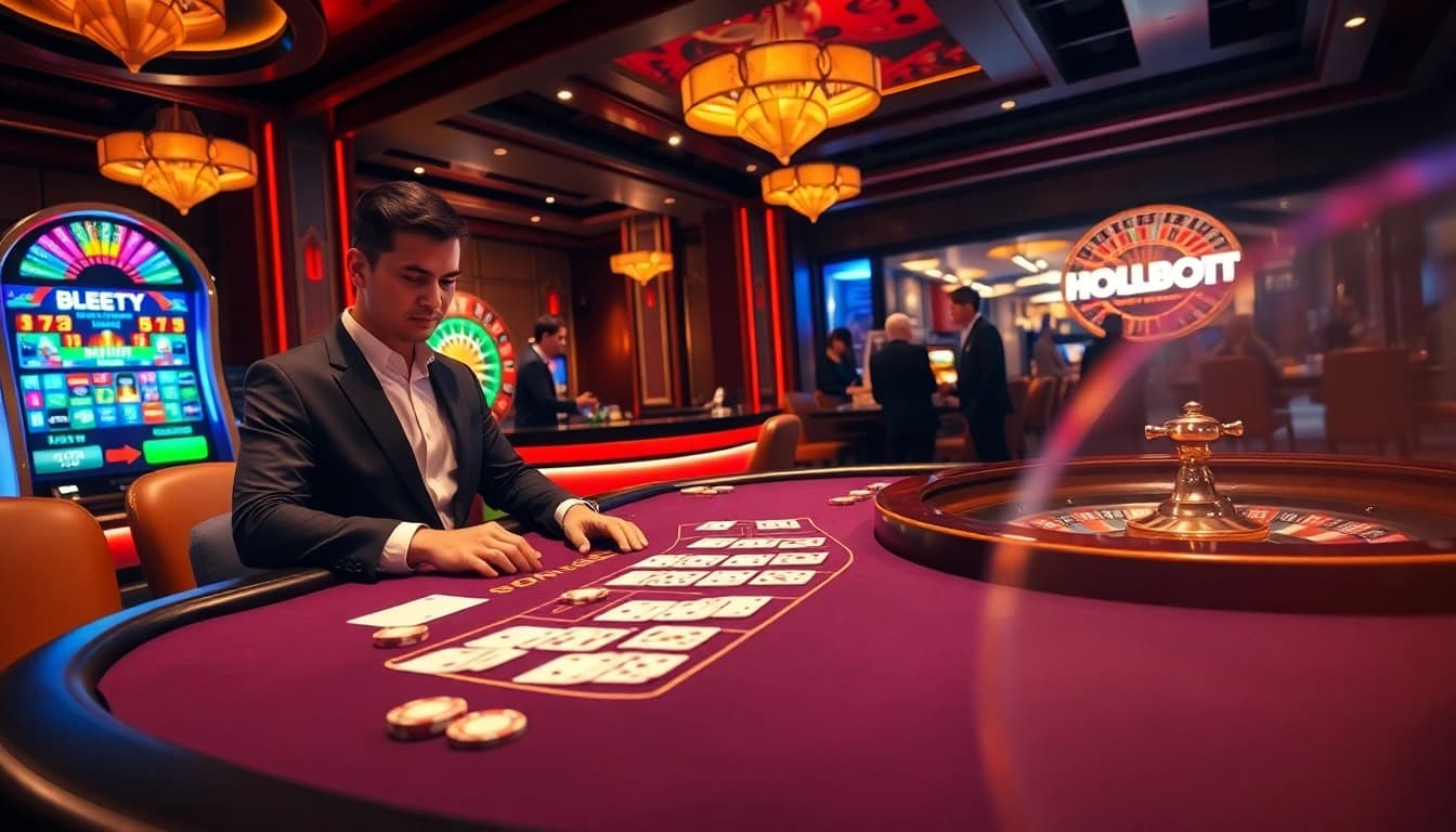 Engaging casino scene featuring hello88 bot offering luxurious gaming experiences with blackjack, poker chips, and winning slots.