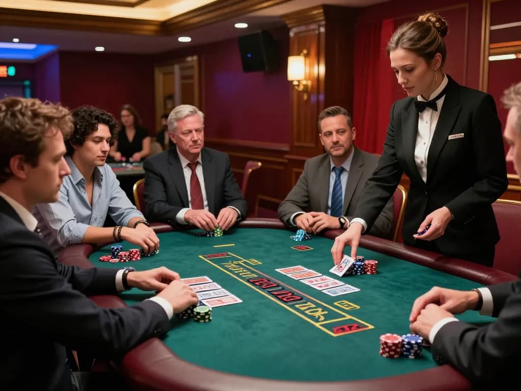 Players strategizing at the HIT CLUB blackjack table, vibrant casino atmosphere.