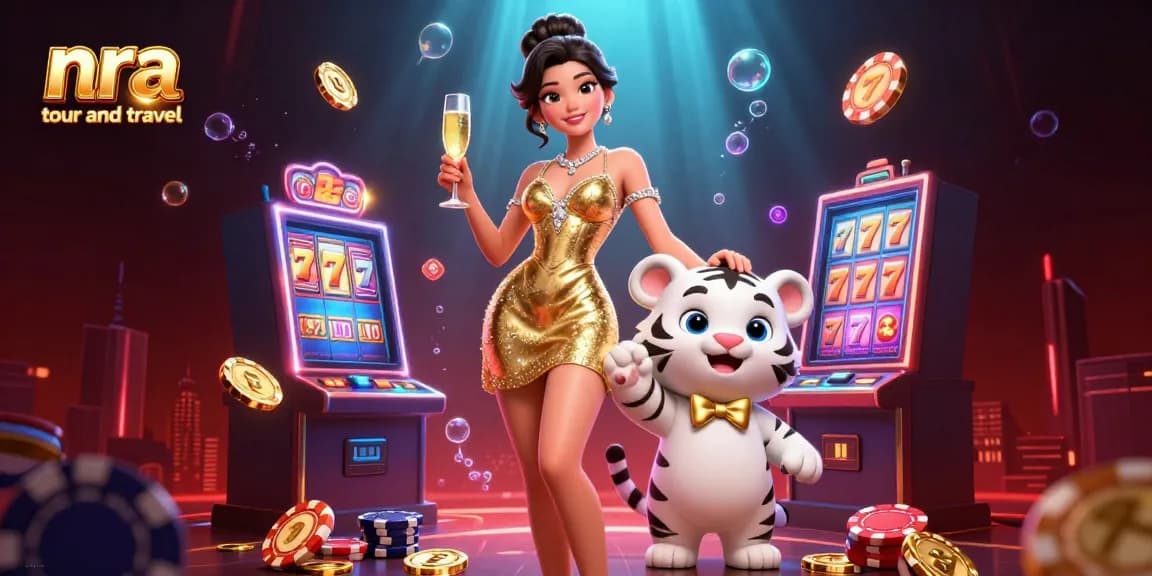 NRA tour and travel showcases vibrant slots with a glamorous woman and a lucky tiger in a rich casino scene.