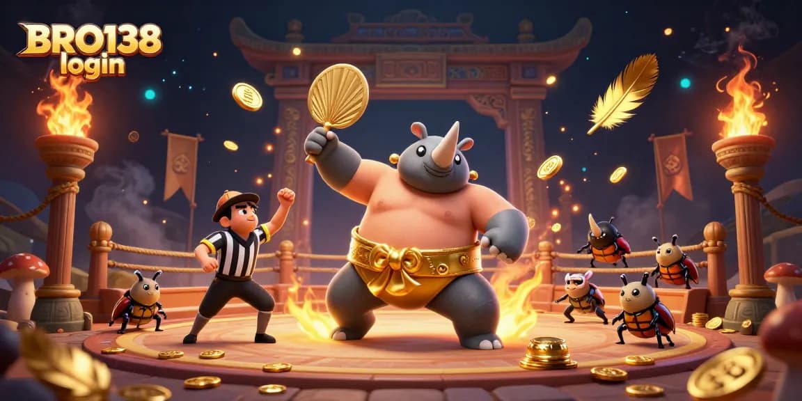 Engage in thrilling gaming action at BRO138 login with a beetle sumo champion surrounded by golden coins.