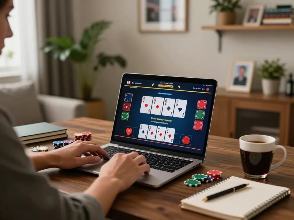 Engaging poker session at home with Luck8 on laptop displaying betting options and strategy notes visible.