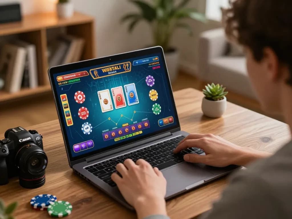 Pemain menikmati kredit percuma rm50 tiada deposit semasa bermain dalam talian dengan antaramuka dealer langsung di komputer riba.