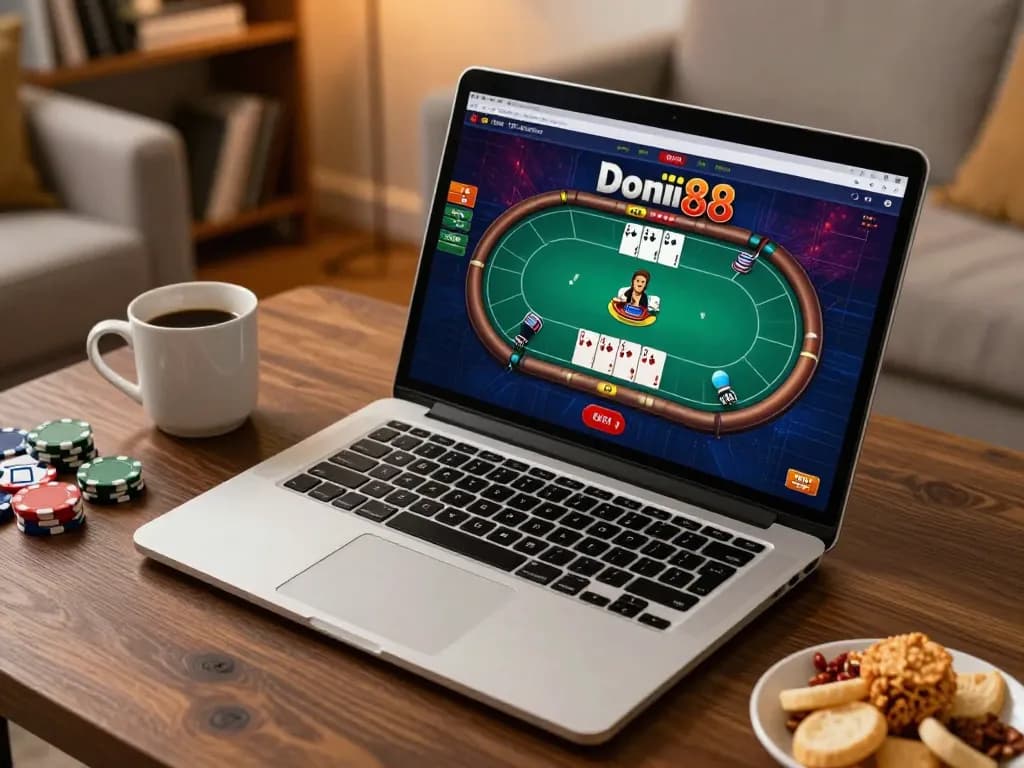 Player engaging in domino88 poker on a laptop, showcasing vibrant gameplay and strategic focus.