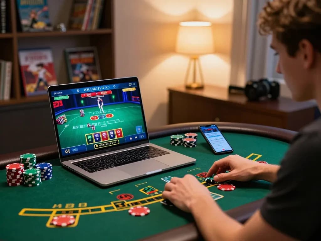 Engaging in live dealer blackjack on tt88 com with vibrant chips and betting apps in a cozy setup