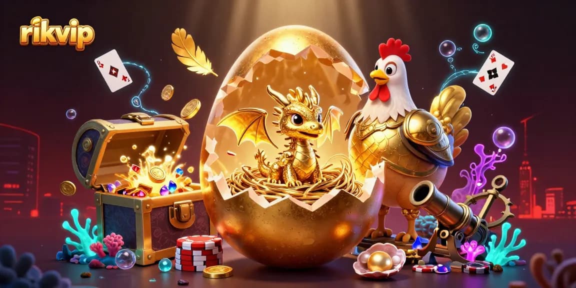 Experience the excitement of rikvip with a vibrant 3D illustration of a golden dragon atop poker chips.