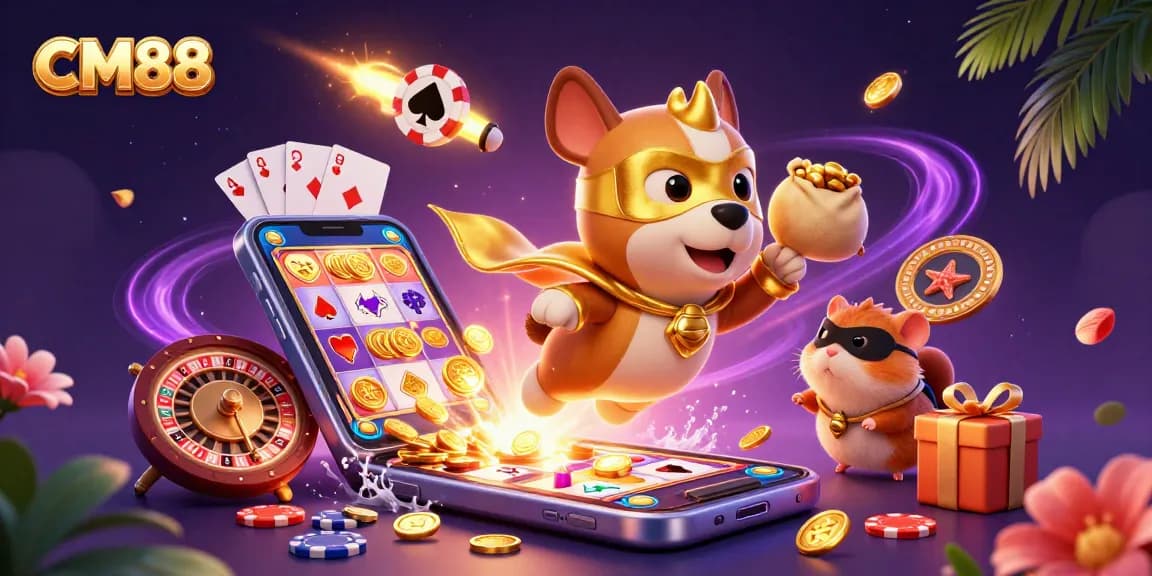 CM88 showcases a dynamic cartoon scene with a superhero dog and a casino theme, highlighting excitement.