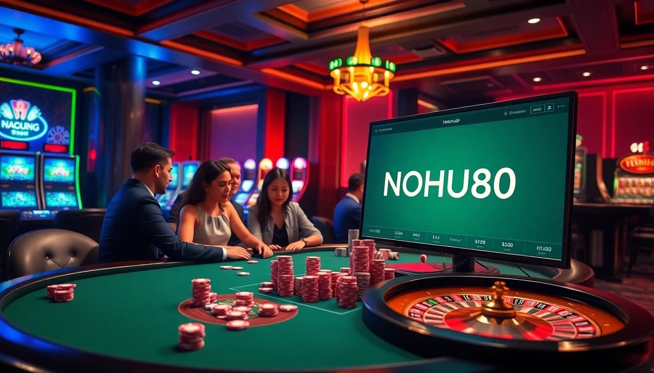 Navigating excitement at nhà cái NOHU90's luxurious casino gaming table with poker and roulette.