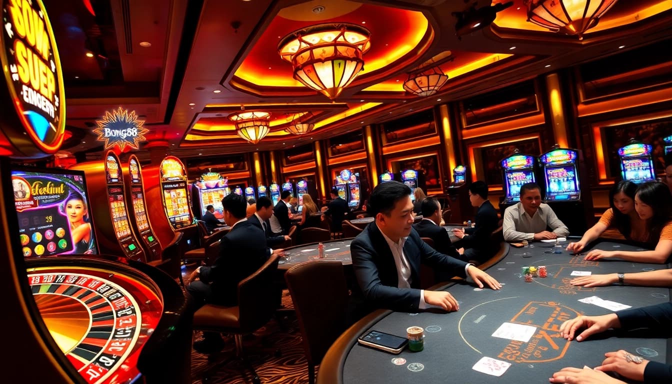 Bong88's vibrant casino scene with players at roulette and poker tables, showcasing excitement.
