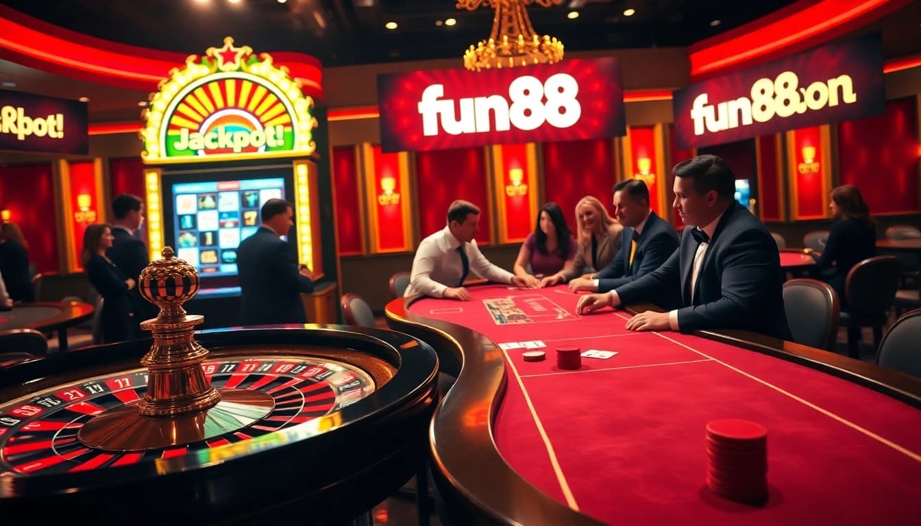 Excited players engaging in lively casino games at fun88 with vibrant roulette and poker tables.