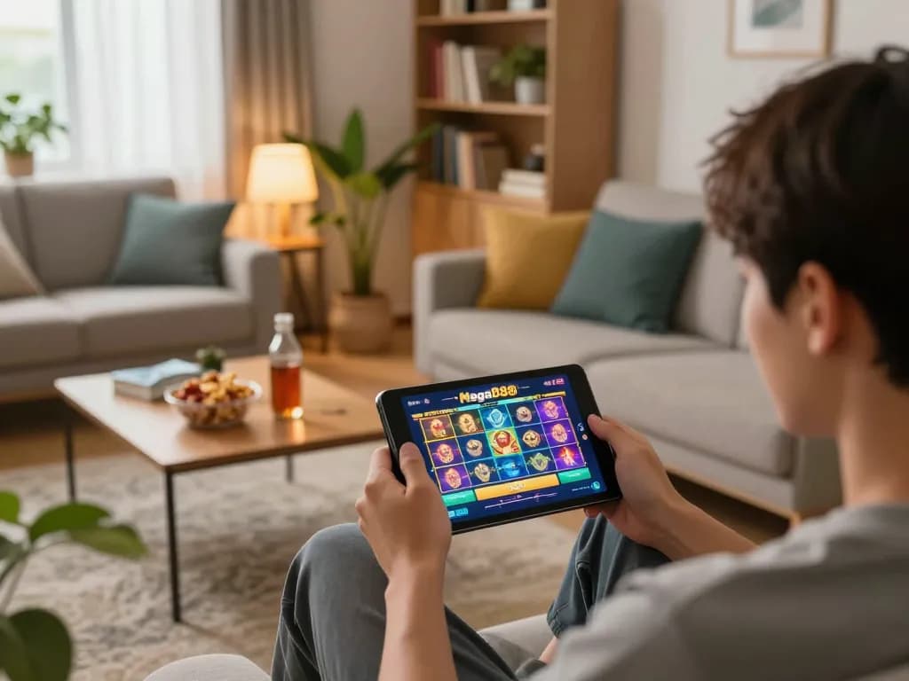Engaging with mega888 mobile gaming on a tablet in a cozy living room.