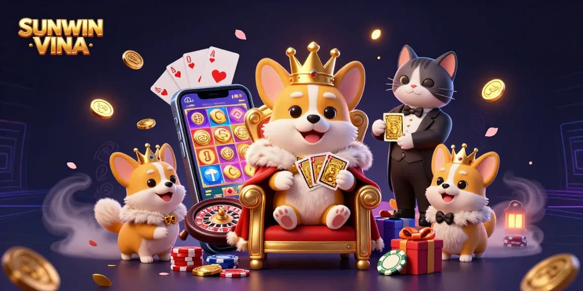 Engage with SUNWIN VINA's exciting gameplay featuring a royal corgi on poker chip throne amid vibrant slot game elements.