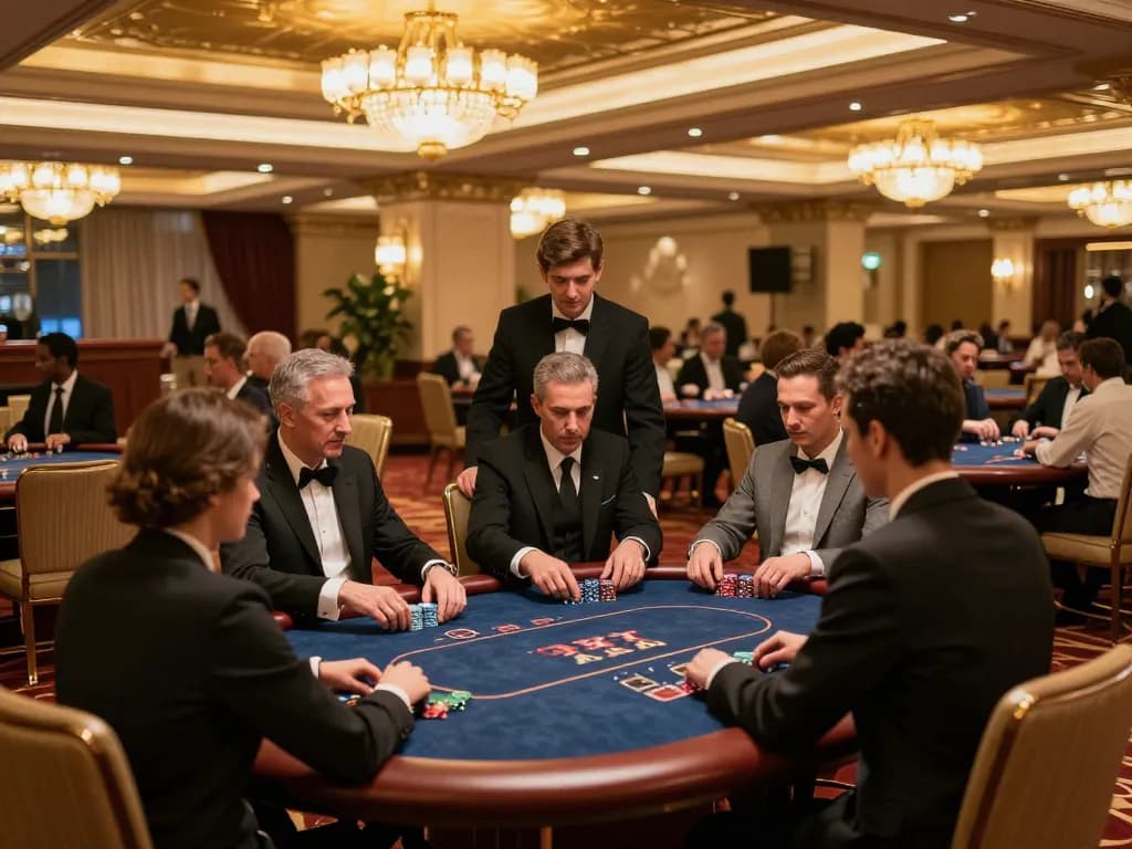 RR88 players enjoying an upscale poker game in a luxurious casino atmosphere, showcasing strategic gameplay.