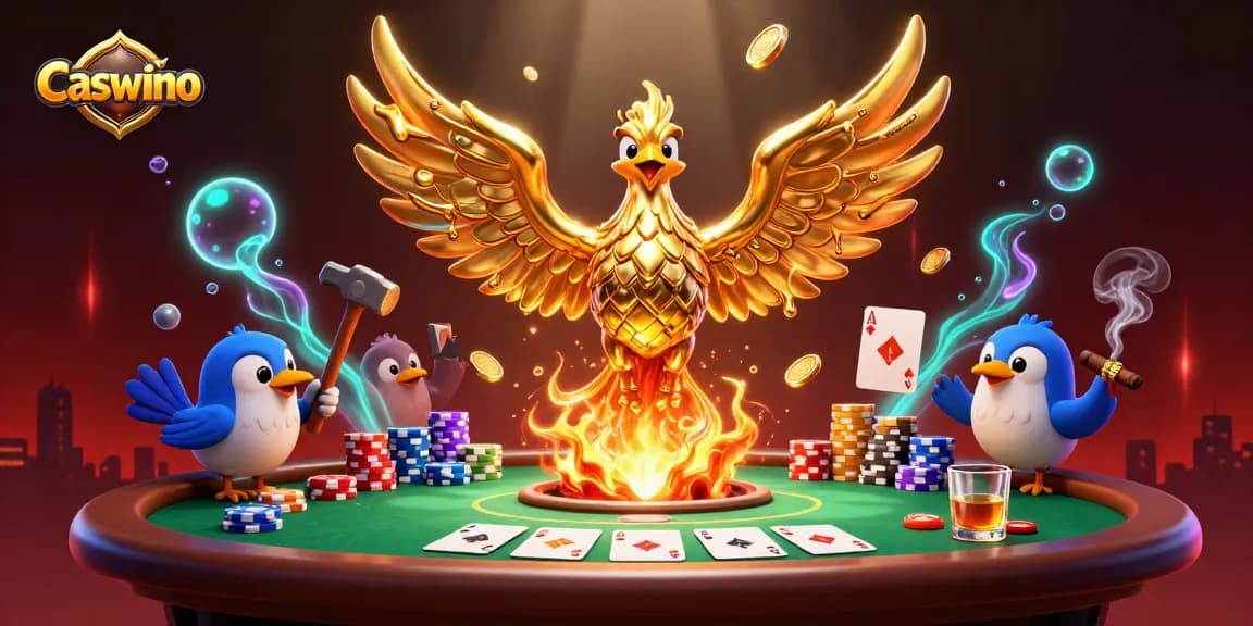 Engage with Caswino's vibrant casino action featuring a golden phoenix and poker excitement.