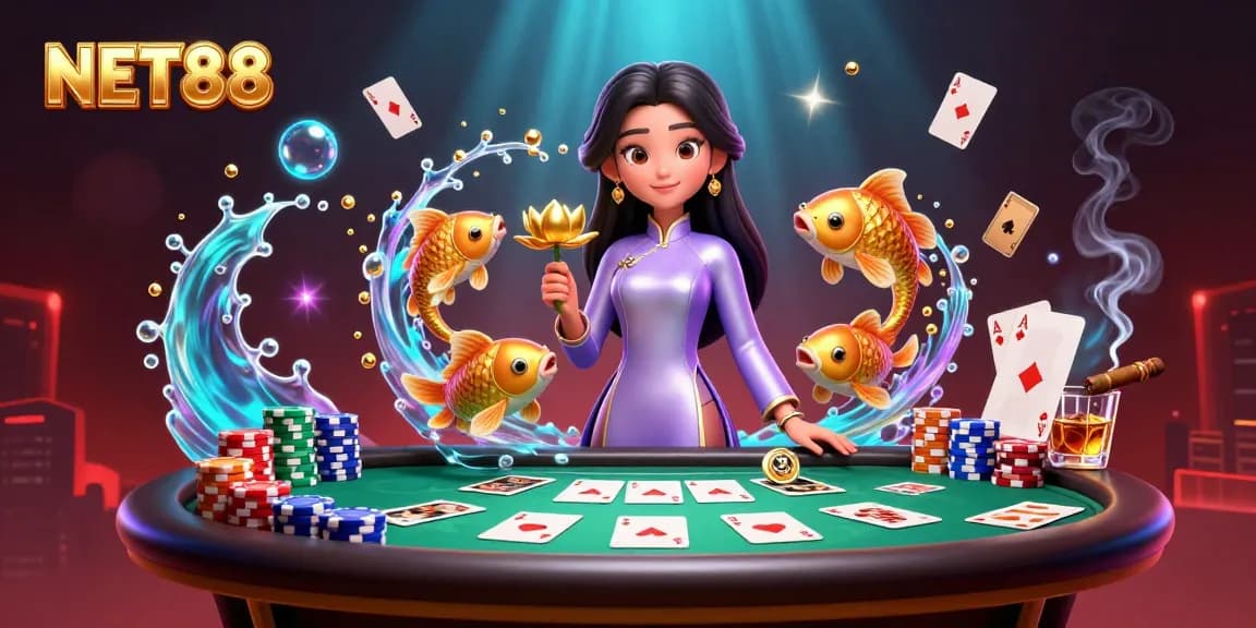 Experience NET88's captivating online gaming scene with an Asian woman celebrating around a rich poker table.
