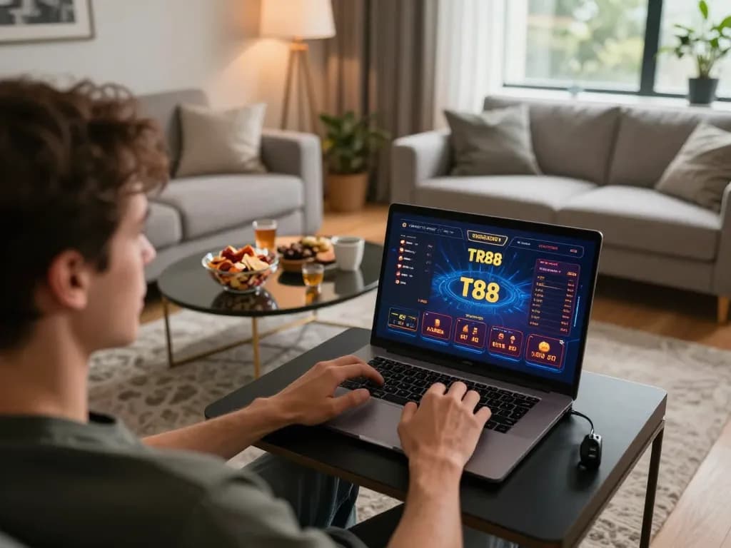 Player engaging in online gambling at TR88 with a stylish home setup featuring a laptop and snacks.
