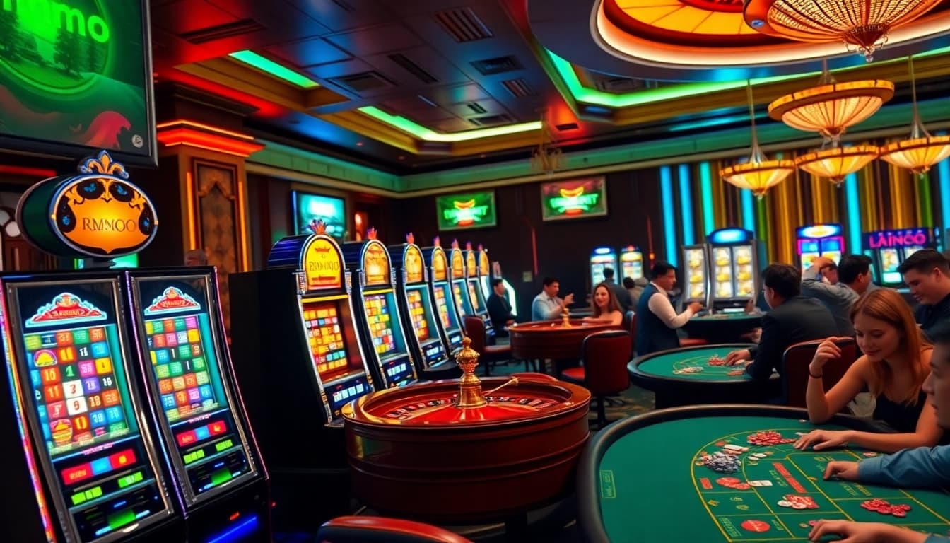 Experience thrilling gameplay at MMOO with exciting slot machines and poker action in a luxurious casino setting.