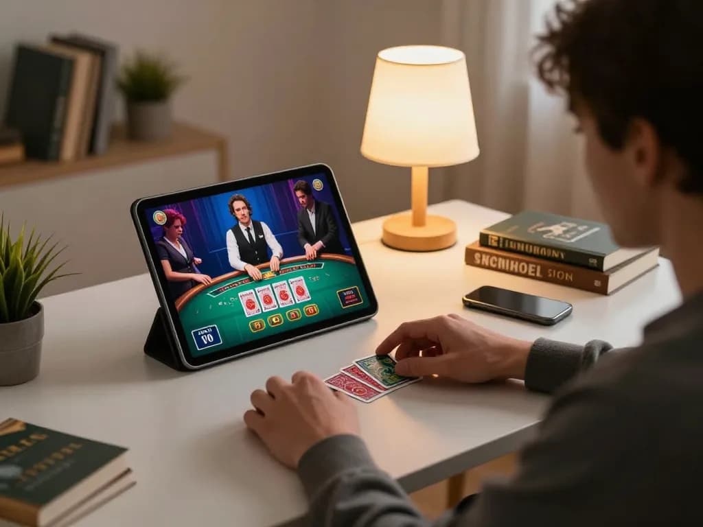 Engaging online session with dn88 tablet displaying live casino action in a cozy home setting.