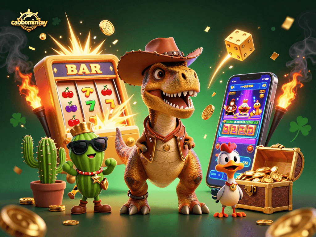 Experience thrilling wins with caoboimientay's vibrant casino scene featuring a lucky T-Rex and friends.