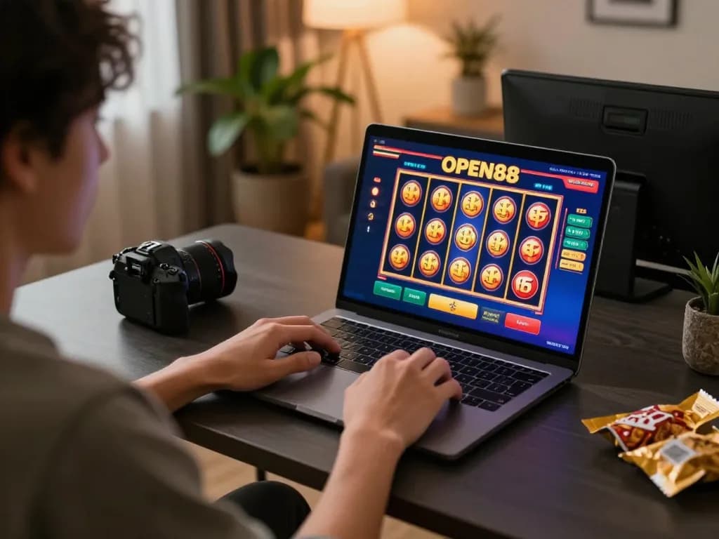 Playing casino games on OPEN88 in a cozy home environment with laptop and vibrant slot interface
