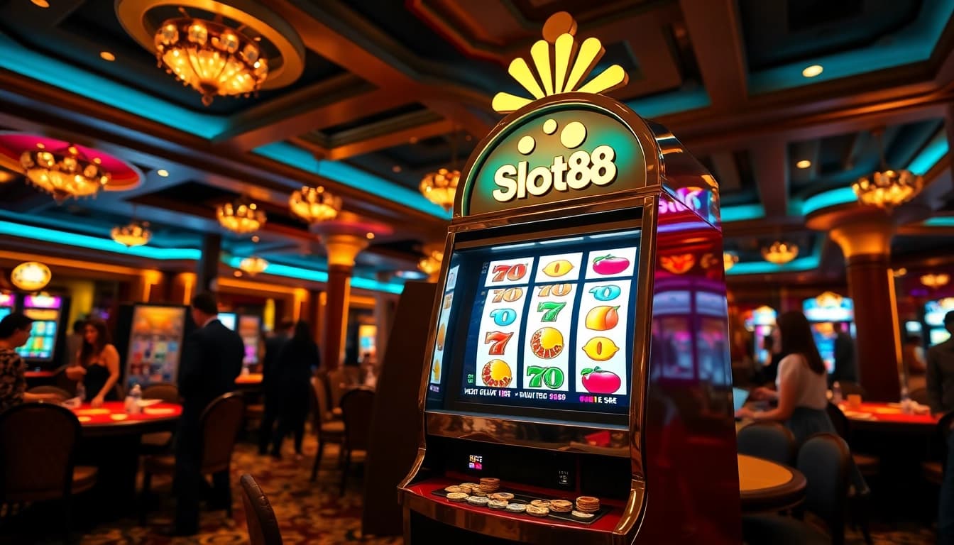 Engage with the slot88 machine at a vibrant casino, surrounded by luxury and excitement.