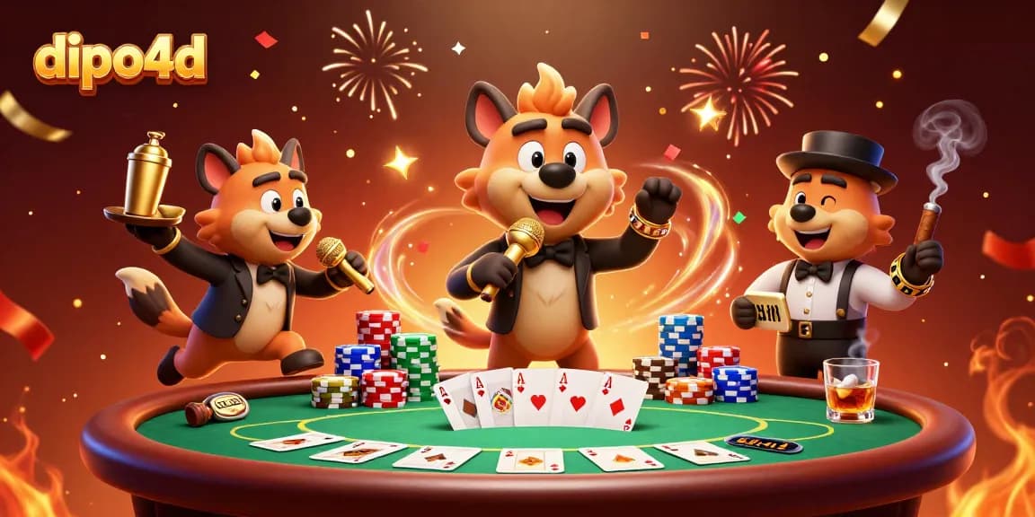 dipo4d showcases a lively casino scene with hyenas, poker elements, and vibrant celebrations.