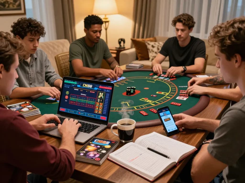 Players enjoying CM88 live dealer blackjack in a cozy home setting, showcasing strategic gameplay.