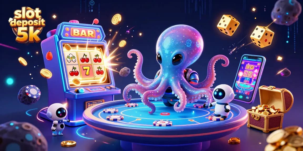 Engage with the slot deposit 5k adventure as a 3D alien octopus operates a holographic poker table amidst jackpot excitement.