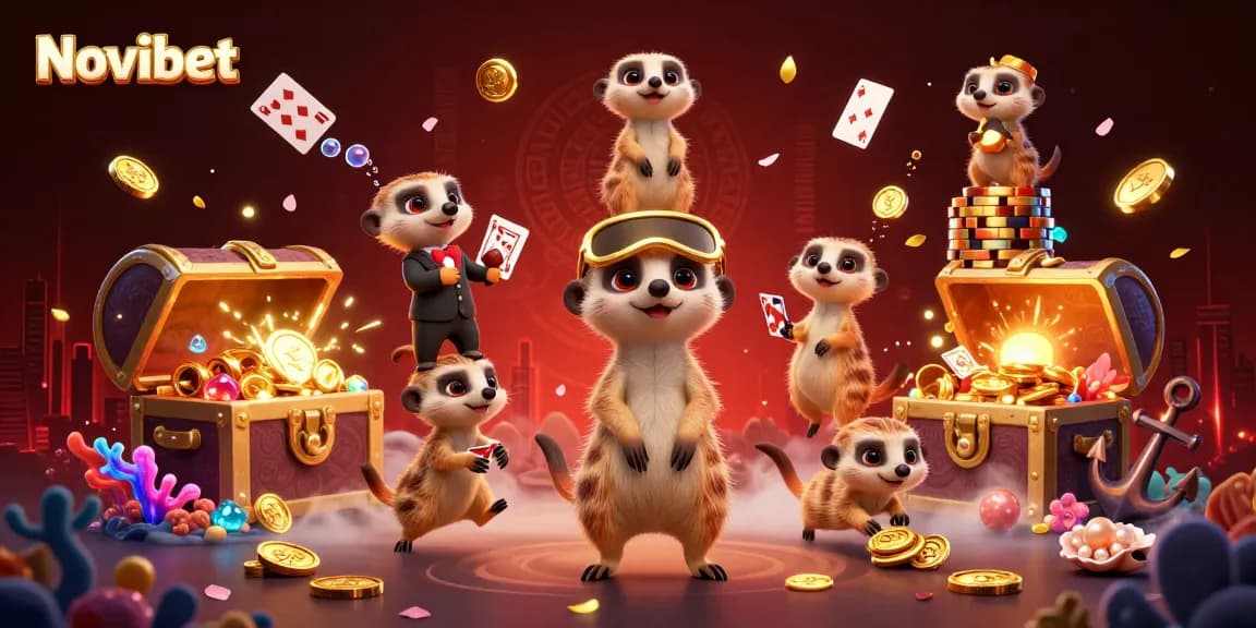 Experience the excitement of Novibet's casino with meerkats managing games and treasures.