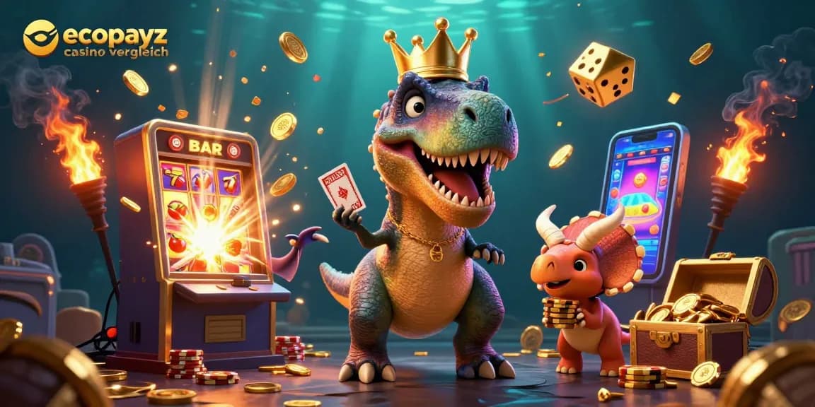 Engage with ecopayz casino vergleich through entertaining 3D cartoon dinosaurs in a vibrant casino scene.