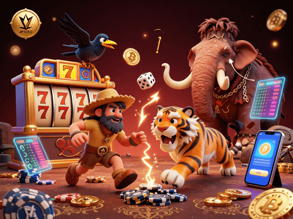 Engage with JPTOTO's dynamic prehistoric casino, featuring captivating characters and vibrant gaming elements.