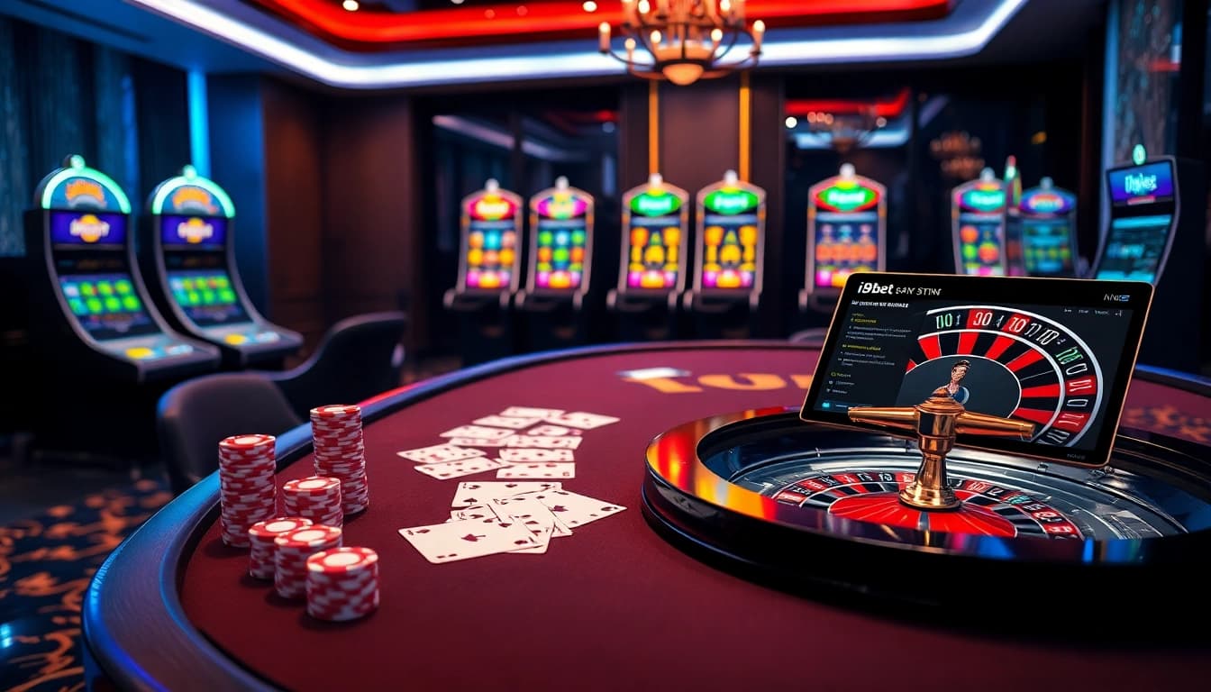 Experience the thrill of winning at i9bet with vibrant poker chips and high-tech gaming displays.