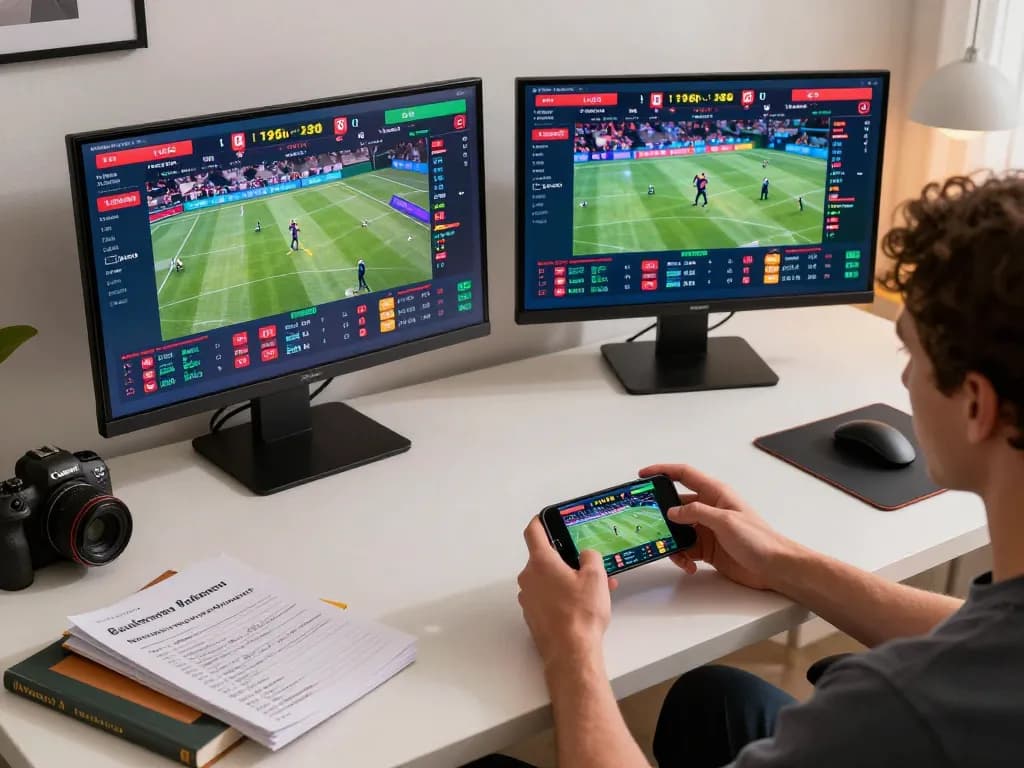 Person betting on sports using betbet app on smartphone, with lively screens showing live betting lines