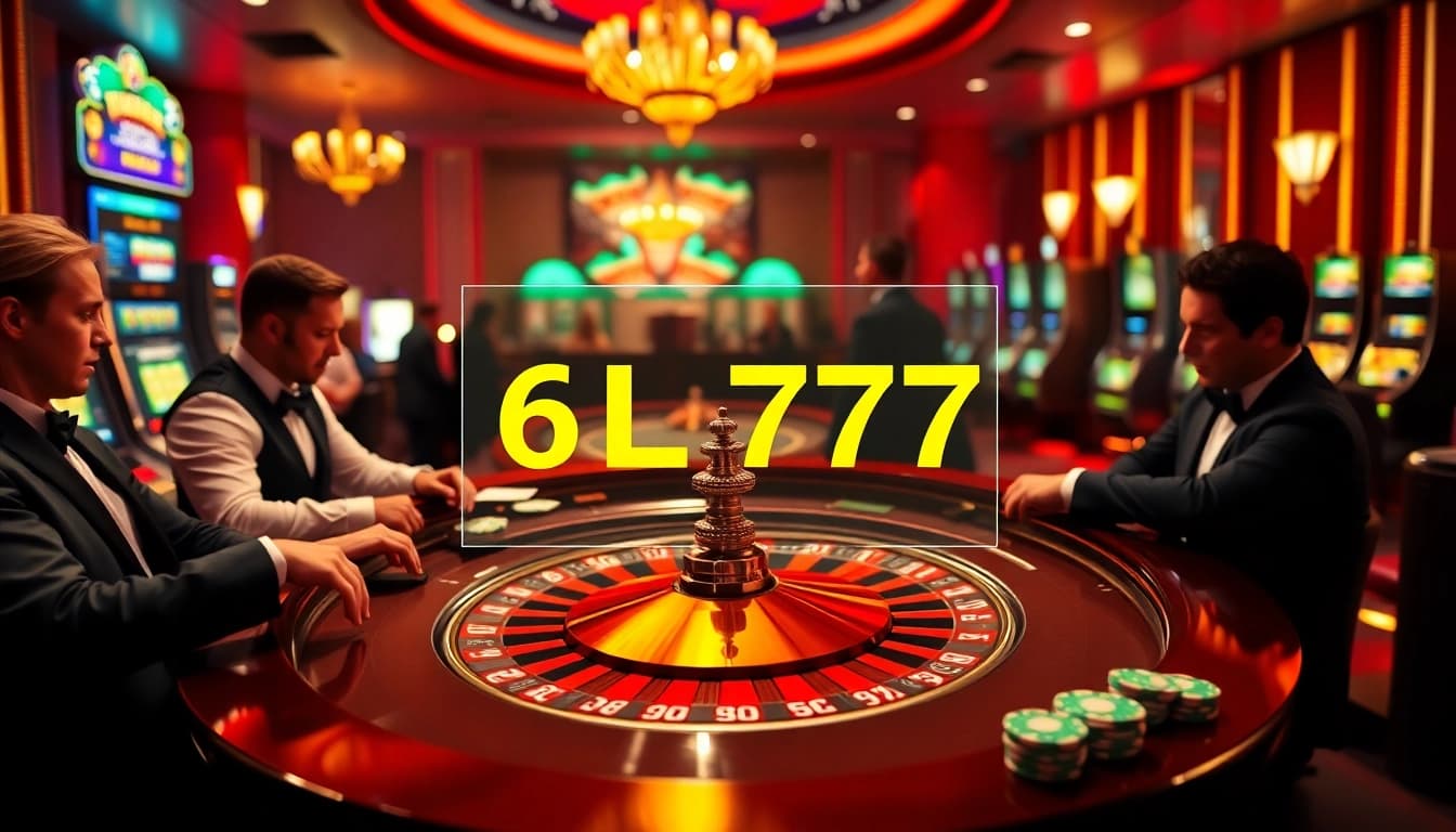 Gambling enthusiasts enjoy the thrill of 6L777 at a roulette table in a luxurious casino.