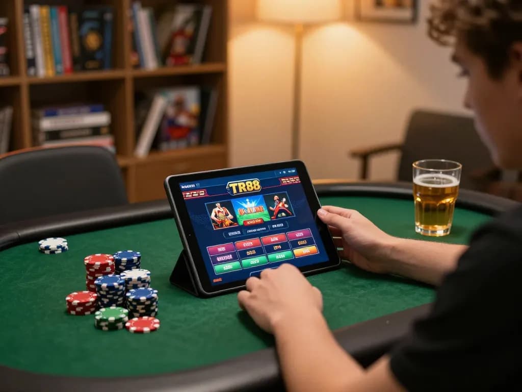 Engaging with TR88 online casino on a tablet, highlighting a cozy home setup for gaming