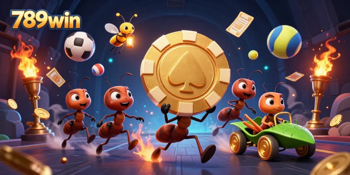 Players navigate the excitement of 789win with ants heisting a giant poker chip amidst dynamic gambling elements.