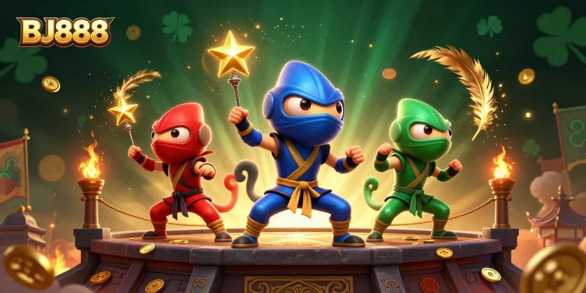 Engage in thrilling action with BJ888 as a team of ninja chameleons showcases dynamic martial arts poses amid a vibrant casino backdrop.