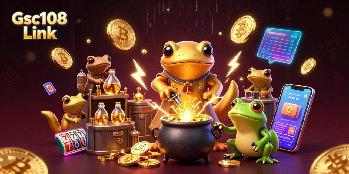 Mainkan Gsc108 Link dengan ilustrasi kasino fantastis yang menunjukkan alkemis dan koin emas berkilau.