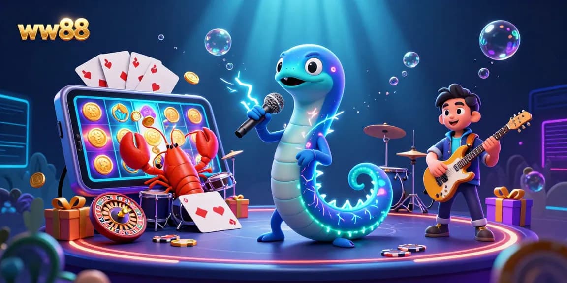 Engage with exciting slots and games at ww88, featuring an electric eel DJ and vibrant underwater casino.