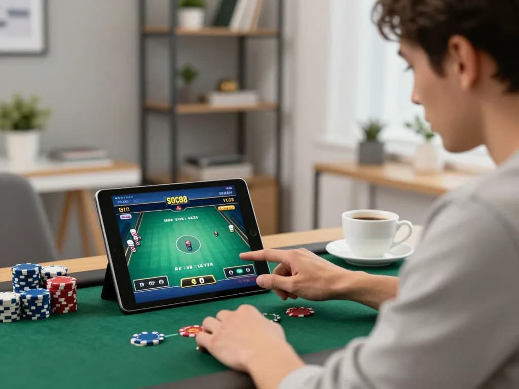 Player strategizing during an exciting soc88 online poker game at home, highlighting focused gameplay.
