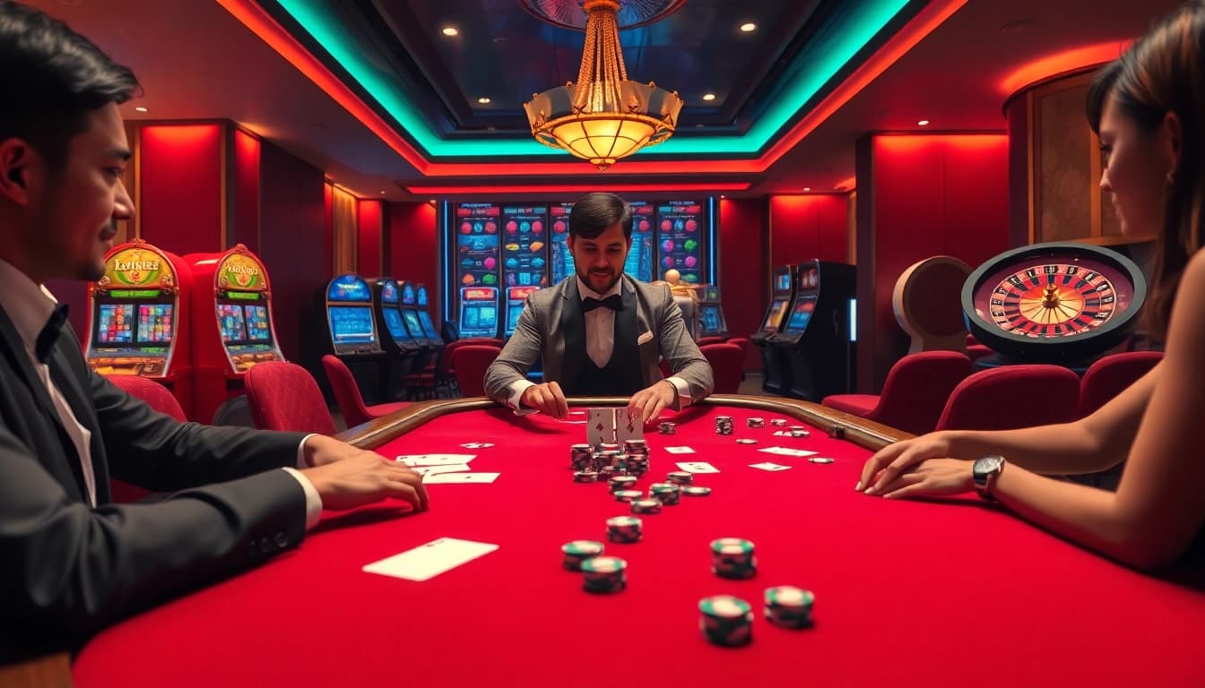Experience excitement in Judi Bola betting with a vibrant casino scene featuring poker, betting slips, and roulette.
