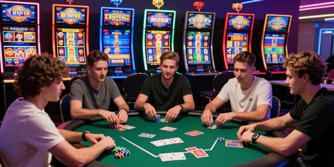 Diverse players engaging in a thrilling slot poker game with vibrant casino elements.