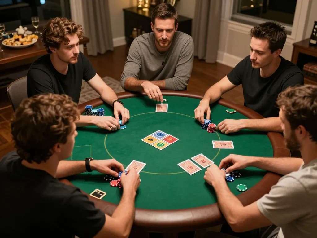 Players strategizing during a lively poker night at home, highlighting dash88 as a top gambling choice